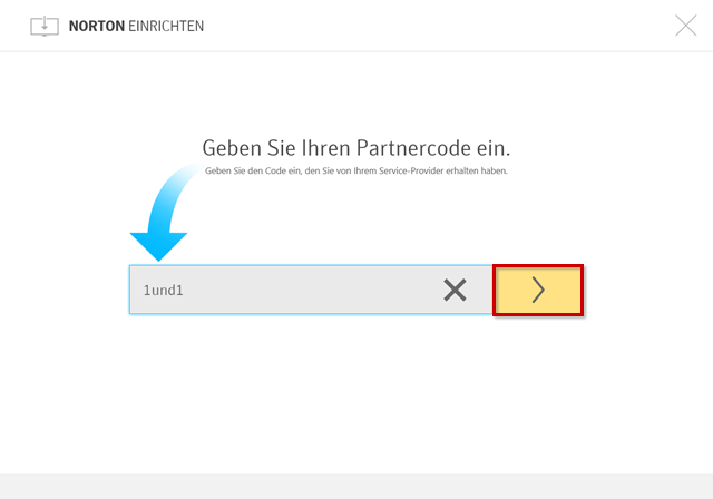 Partnercode eingeben, das Icon zum Bestätigen ist hervorgehoben