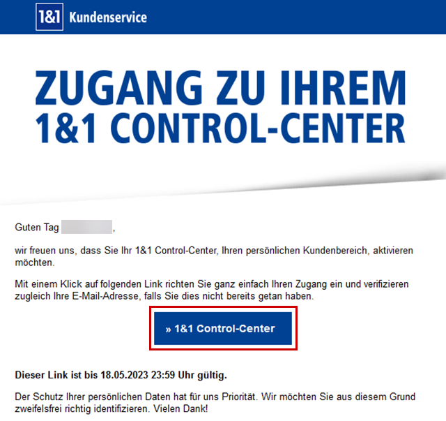 E-Mail von 1&1 mit Aktivierungslink für das 1&1 Control-Center