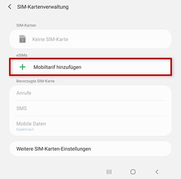 SIM-Kartenverwaltung, Mobiltarif hinzufügen mit Icon hervorgehoben