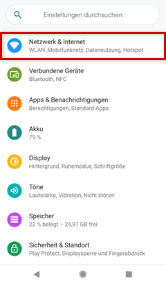 Einstellungen auf einem Android Smartphone, Netzwerk und Internet ist markiert