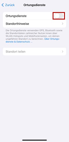 Schieberegler zur Aktivierung des GPS hervorgehoben