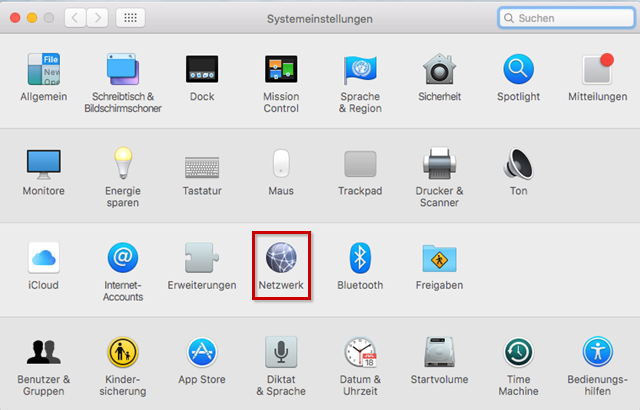 Systemeinstellungen mit Rahmen um das Icon für Netzwerk