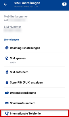 SIM-Einstellungen mit Rahmen um Internationale Telefonie