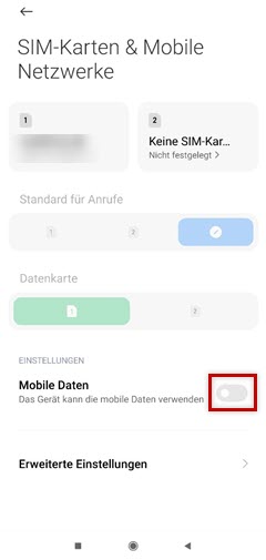 Einstellungen "SIM-Karten & Mobile Netzwerke" in einem Xiaomi Smartphone