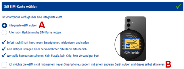 Auswahl des SIM-Formats bei einer Bestellung im 1&1 Shop.