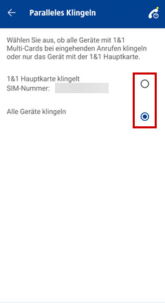 Einstellungen für Paralleles Klingeln in der 1&1 Control-Center-App