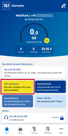 Control-Center-App Startseite, Tarif optimieren hervorgehoben