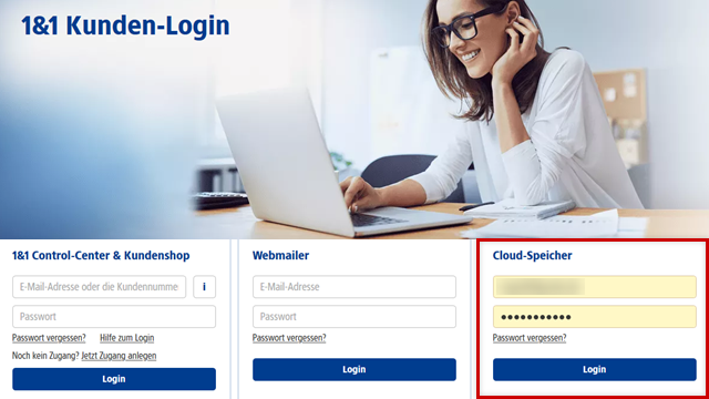 1&1 Kunden-Login: Cloud-Speicher hervorgehoben