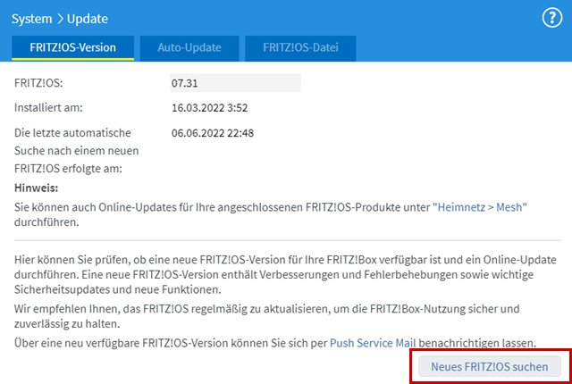 FRITZ!OS-Versionsmenü geöffnet, Update-Suche-Button hervorgehoben