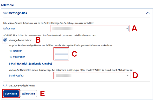 Unter Telefonie sind in der Message-Box verschiedenen Felder hervorgehoben