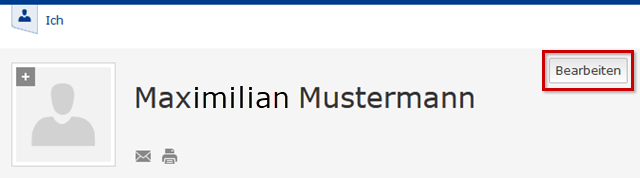 Webmailer Visitenkarte von Maximilian Mustermann, Button "Bearbeiten" hervorgehoben