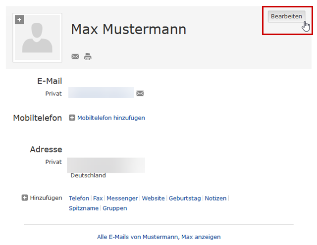 Webmailer Visitenkarte von Maximilian Mustermann, Button "Bearbeiten" hervorgehoben