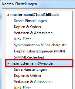 Konten-Einstellungen, ein E-Mail-Konto beispielhaft hervorgehoben