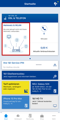 Heimnetz und WLAN auf dem Startbildschirm hervorgehoben