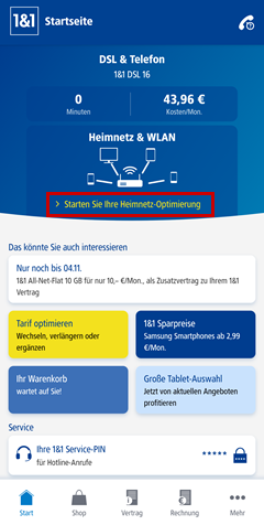 Heimnetz und WLAN auf dem Startbildschirm hervorgehoben