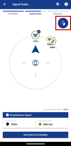Suchergbnis mit Position der Funkmasten, Button für 3D-Ansicht hervorgehboben