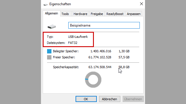 Eigenschaften des USB-Speichers: Typ & Dateisystem hervorgehoben