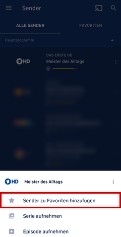 Sender-Kontextmenü, Steuerelement zum Hinzufügen eines Senders zur Favoritenliste hervorgehoben