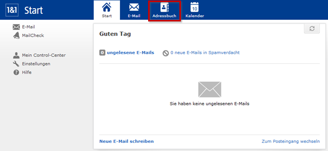 Webmailer Startseite, Icon zu "Adressbuch" hervorgehoben