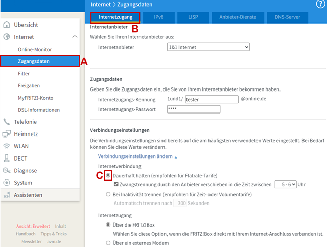 FRITZBox-Benutzeroberfläche: Internetverbindung dauerhaft halten hervorgehoben