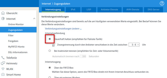 FRITZBox-Benutzeroberfläche: Internetverbindung dauerhaft halten hervorgehoben