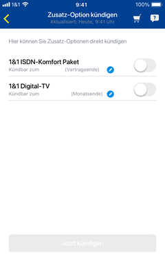 Unter Zusatz-Option kündigen sind Optionen aufgelistet
