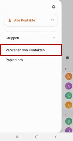 Optionen von Kontakten mit Rahmen um Verwalten von Kontakten.