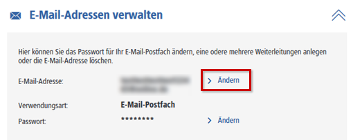 E-Mail-Adresse ändern unter E-Mail-Adressen verwalten hervorgehoben