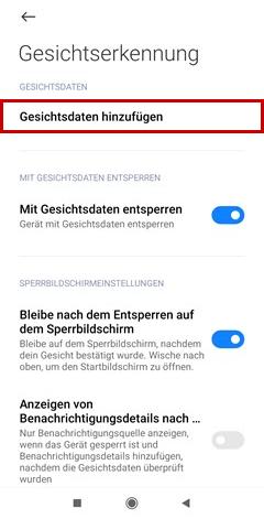 Einstellungen zur Gesichtserkennung auf einem Xiaomi Smartphone