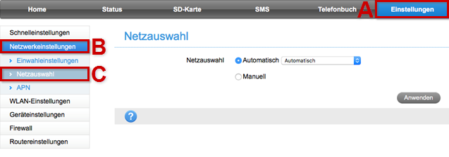 Netzauswahl in den Einstellungen