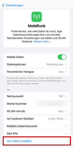 Auf eSIM umstellen ist markiert