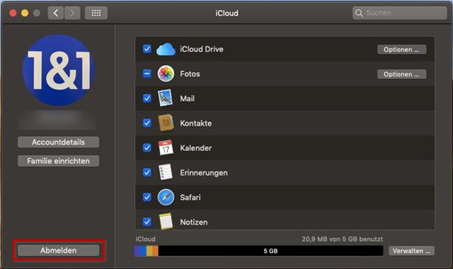 iCloud: Cloud abmelden hervorgehoben