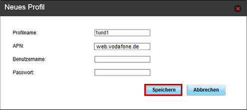 Neues APN-Profil anlegen, Daten mit Speichern bestätigen