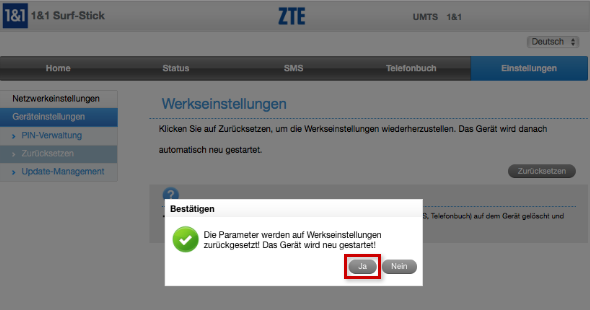 Zurücksetzen auf die Werkseinstellungen bestätigen
