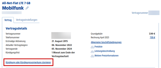 Vertragsdetails mit hervorgehobenem Link zur Kündigungsstorno