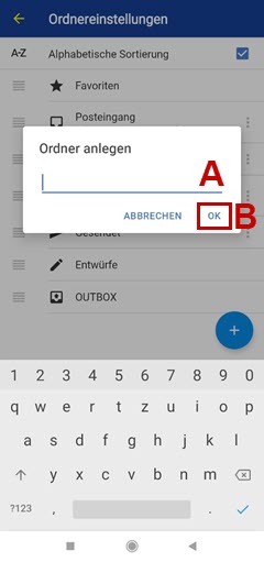 Fenster in der 1&1 Mail-App, um den neuen Ordner zu benennen