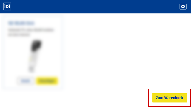 Tarifoptionen im 1&1 Kundenshop, Button zur Anzeige des Warenkorbs hervorgehoben