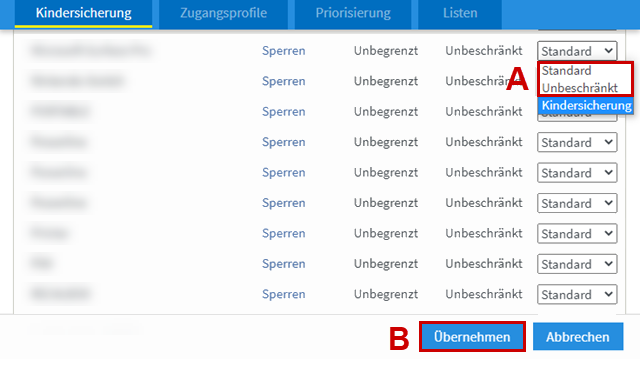 Aktivierung Kindersicherung, "Status-Auswahlliste" A und "Übernehmen" B sind mit rotem Rand hervorgehoben.