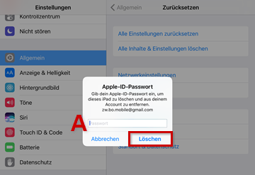 Apple-ID-Passwort Eingabefeld markiert, Löschen Button markiert