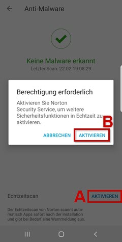 Rahmen um Echtzeitscan aktivieren und aktivieren der Berechtigung.