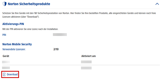 Norton Sicherheitsprodukte, "Download" unten links ist mit rotem Rand hervorgehoben.