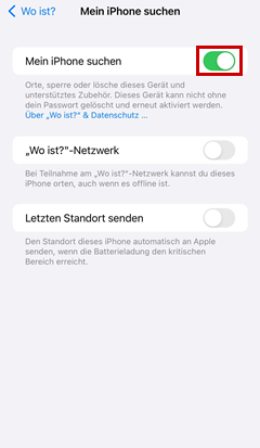 Mein iPhone suchen: Schieberegler hervorgehoben