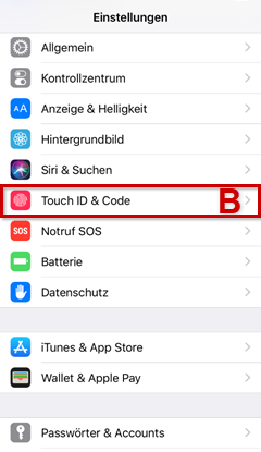 Touch ID & Code in den Einstellungen hervorgehoben