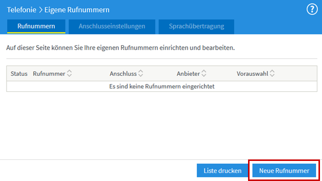 Liste aller eingerichteten Rufnummern, Button für neue Rufnummer hervorgehoben