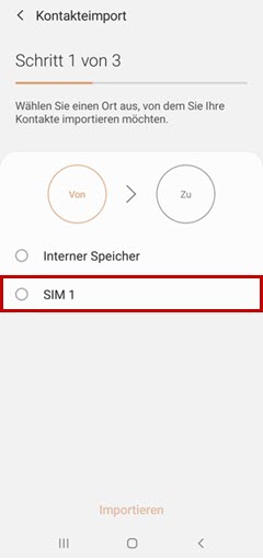 Auswahl der SIM, von der die Kontakte importiert werden sollen.