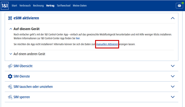 eSIM auf diesem Gerät aktiieren mit Rahmen um manuell aktivieren.