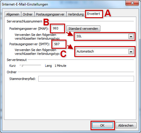 Einstellungen SSL IMAP hervorgehoben