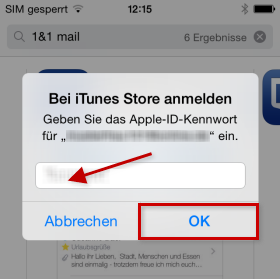 App Store: Kennwort, Roter Pfeil zeigt auf Eingabefeld für "Apple ID", "OK" unten rechts zur Bestätigung ist mit rotem Rand hervorgehoben.