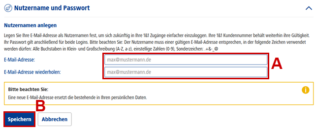 1&1 Control-Center Nutzername E-Mail-Adresse eintragen