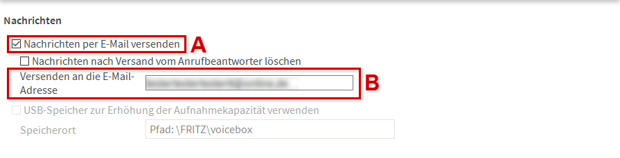 "Nachrichten per E-Mail versenden" (A), "Versenden an die E-Mail-Adresse" (B) sind rot hervorgehoben.